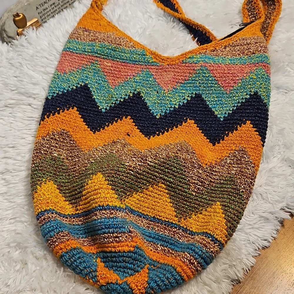 Crochet Hobo Bag Shoulder Bag‎ Chevron Colorful Handmade Hippie Boho Purse